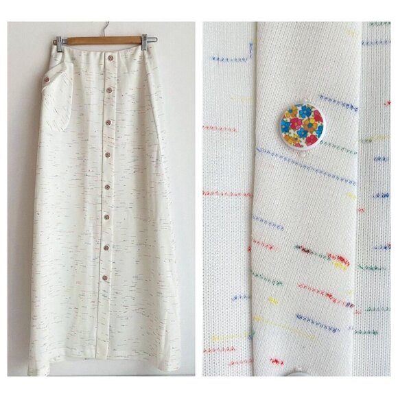 Vintage Knit White Colourful Geometric Detail Button Front Patch Pocket Skirt S - Picture 1 of 9